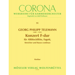 Konzert  F-Dur für Altblockflöte, Fagott, Streicher und Bc Partitur - Georg Philipp Telemann / Arr. Adolf Hoffmann